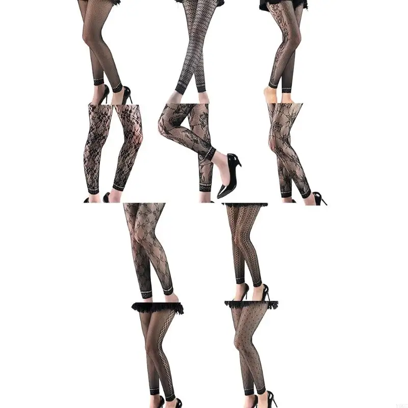 Y5GC Women Sexy High Waist Fishnet Footless Leggings Flower Jacquard Patterned Mesh Net Tights Black Ankle Length Pantyhose