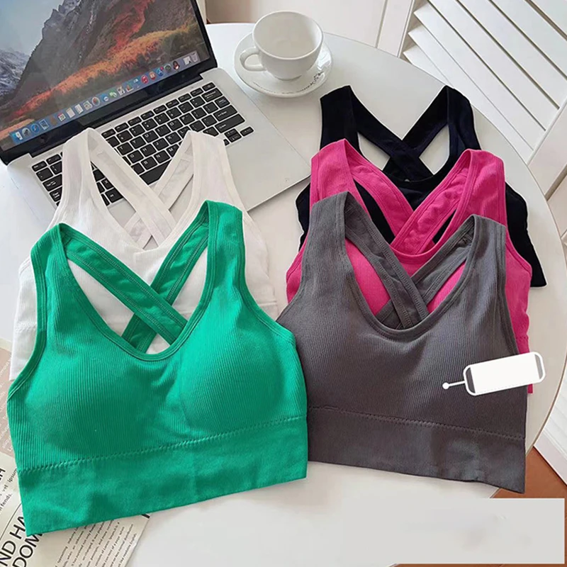 Wide Shoulder Straps Crossed Sports Bra For Women Shockproof Yoga Tube Top Fitness Female Workout Tops Push Up Underwear