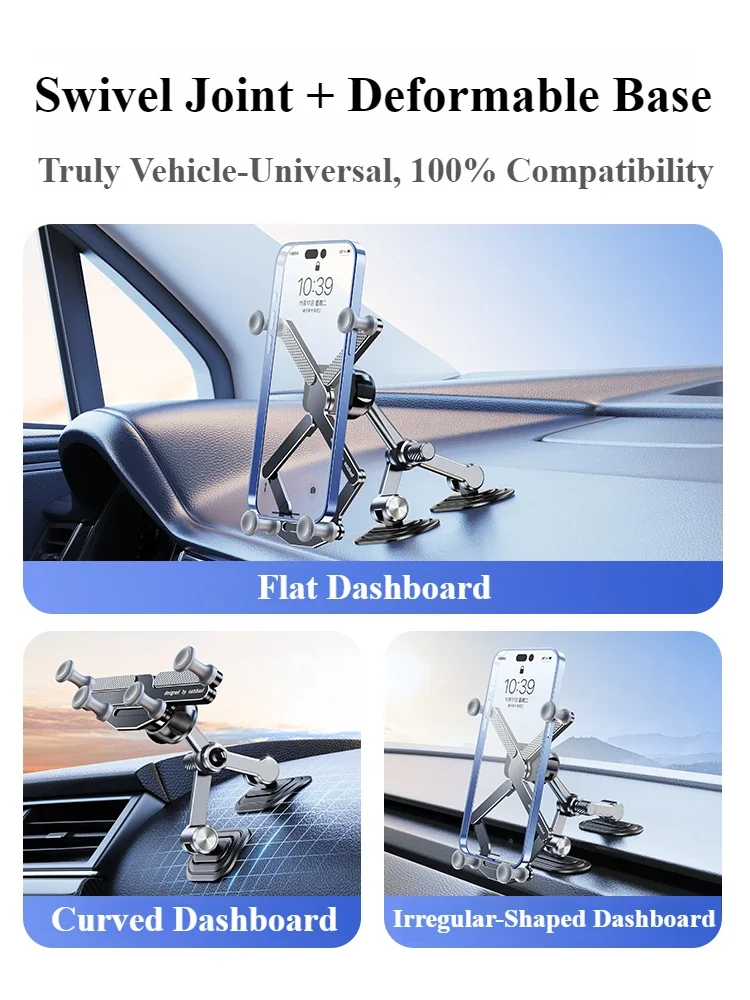 Eary Car Phone Holder Stand Mount For Dashboard Arch Bridge Stable Base Multi-Angle Adjustable Dual-Pivot Gravity Clip Bracket