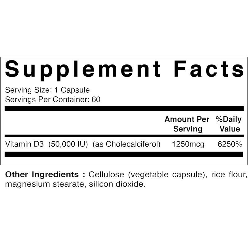 Vitamin D3 50000 IU (as cholecalciferol), 60 vegetarian capsules, progressive formula to help with vitamin D deficiency