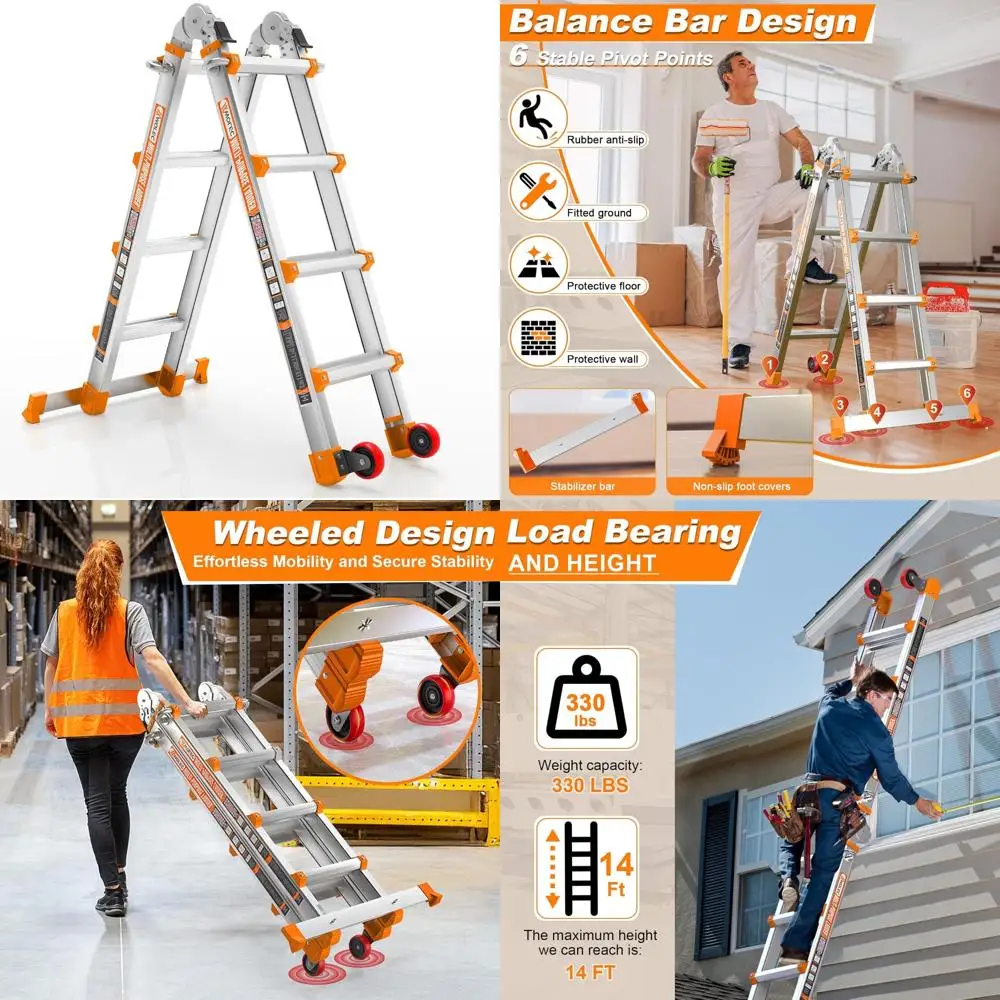 14ft telescoping a-frame ladder with wheels and stabilizer, 330lb load capacity, multi-position extension ladder