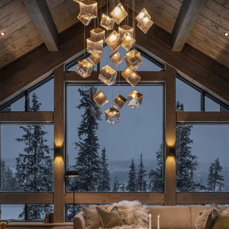 

Modern Attic Design Glass Ice Cube G4 Led Chandelier Lustre Ceiling Hardware Suspension wire for Lighting Room Decor Lamp