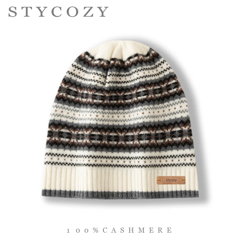 100%Cashmere Fair Isle Jacquard Knit Beanie Women Vintage Nordic Striped Rib Cuff Hat Unisex Winter Warm Daily Commute Skull Cap