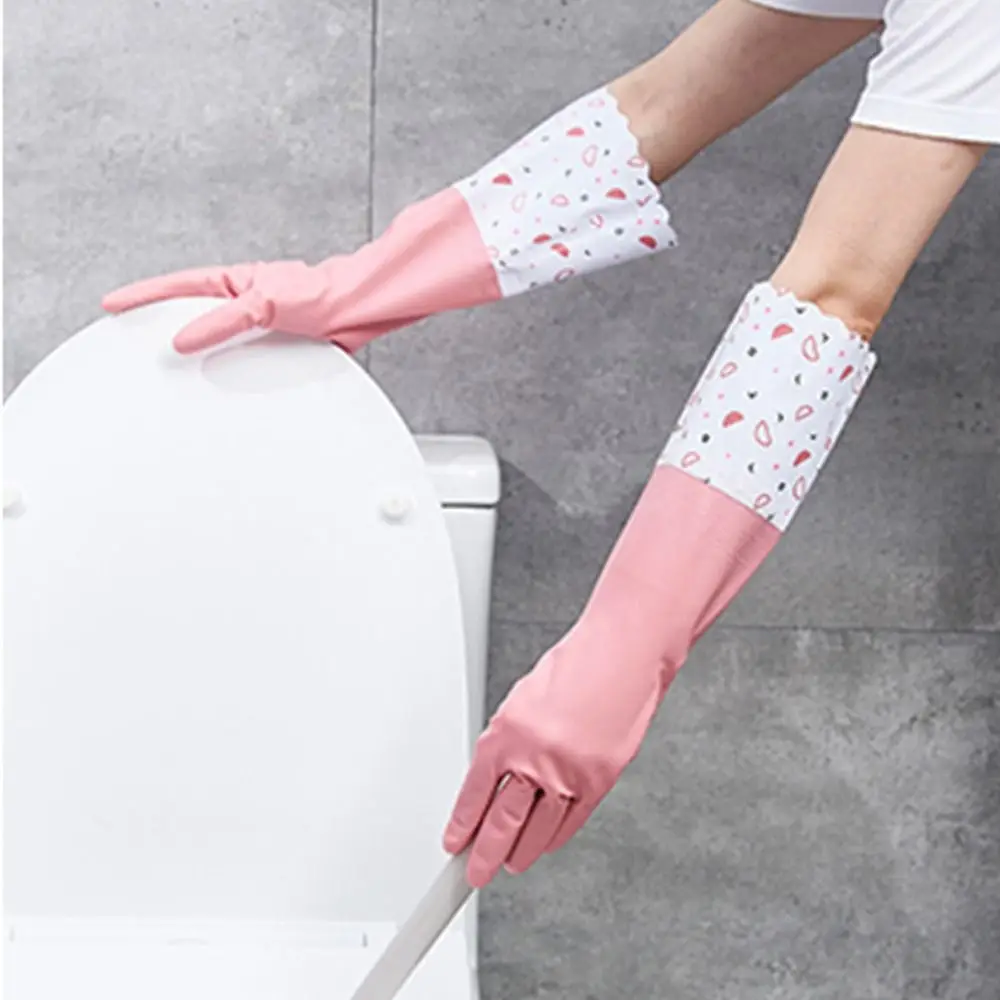 Velvet Rubber Dish Washing Gloves Waterproof Elastic Cuffs Housework Gloves Latex Long Sleeve Winter Cleaning Gloves