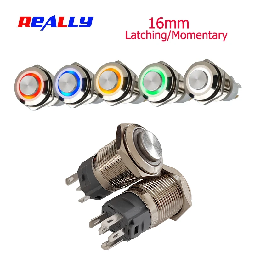 16MM 10Pcs Metal Button Switch LED Light Waterproof Momentary Self-Locking Car Engine Power Supply 3-6V12-24V Red Blue Yellow