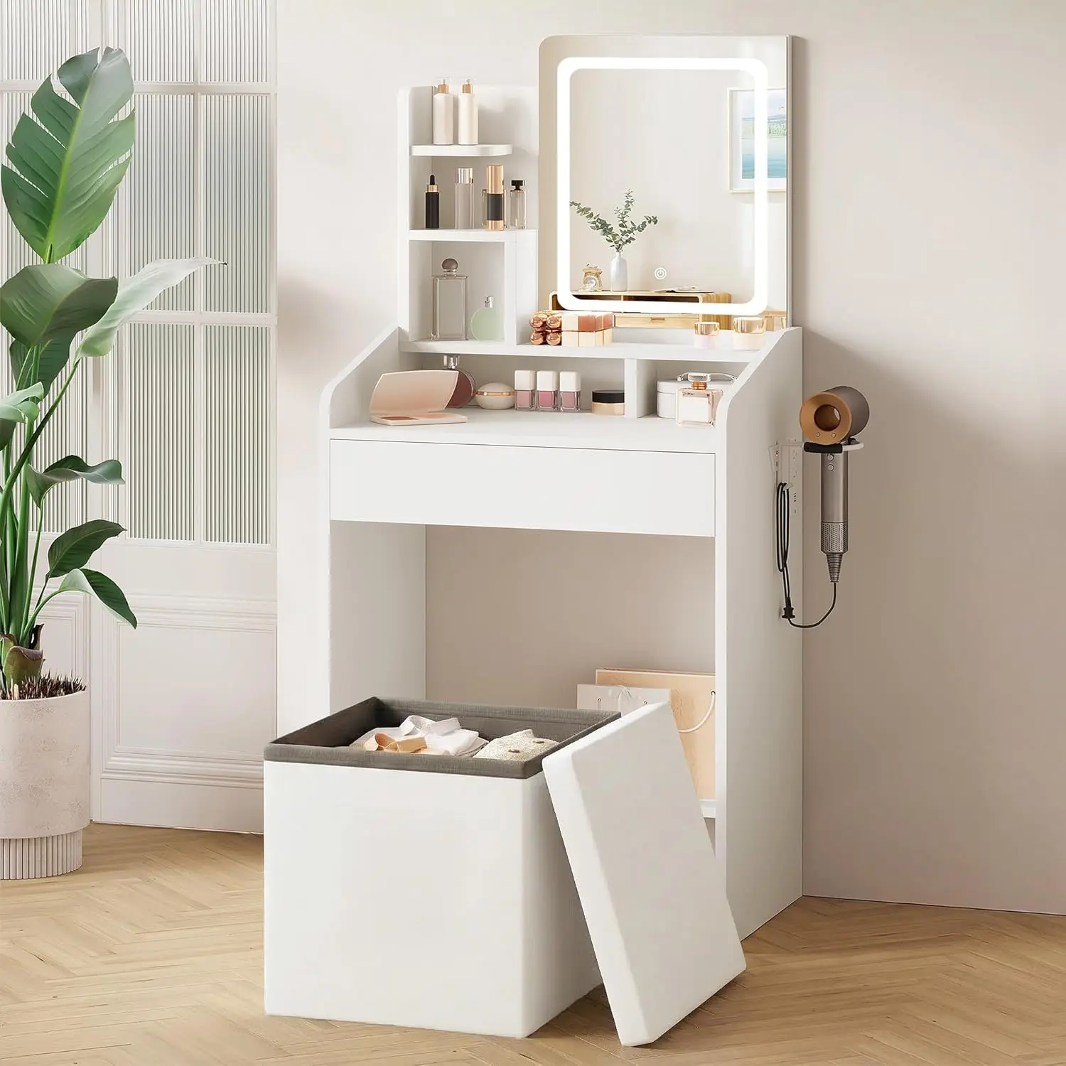 

Small White Vanity Set Lighted Mirror Power Station Storage Stool Hair Dryer Rack LED 3-Color 24" Bedroom, Custom