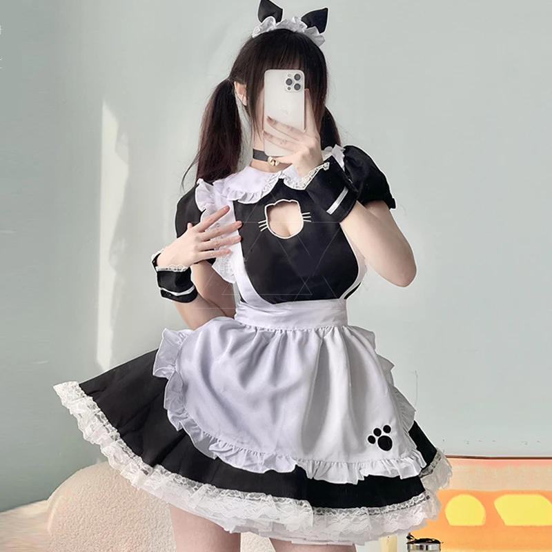 Traje de sirvienta de gato suave para niña, disfraz japonés Sexy en blanco y negro, traje de sirvienta, disfraz de Cosplay, vestido de Catwoman