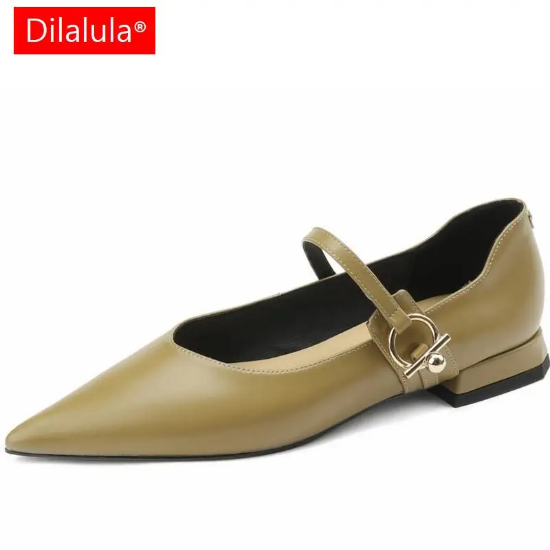 Dilalula Genuine Leather Spring Autumn Mary Janes Ladies Pumps Pointed Toe Low Heels Work Shoes Woman Flats 2024