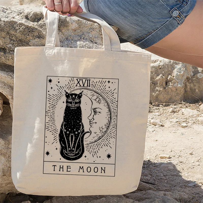 Women Shopper bag Black Cat The Moon Printed Shoulder Bags Kawaii Harajuku Casual Canvas Shopper Bag Punk handbag large capacity