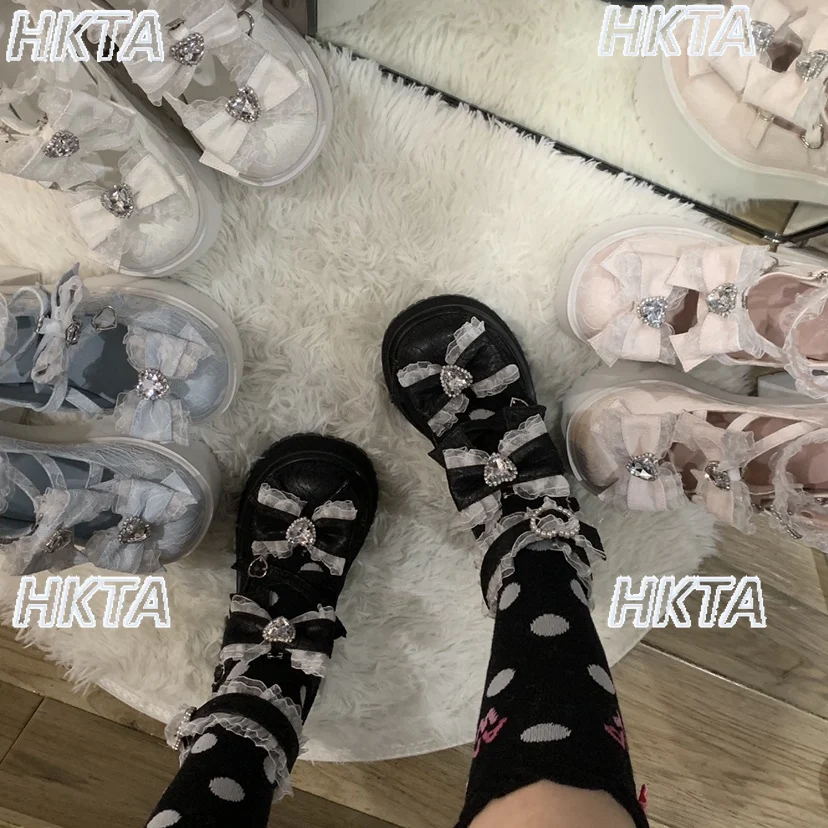 

Japanese style sweet cute embroidered lolita high heels pumps women subculture summer lace stitching bow hot girl muffin shoes