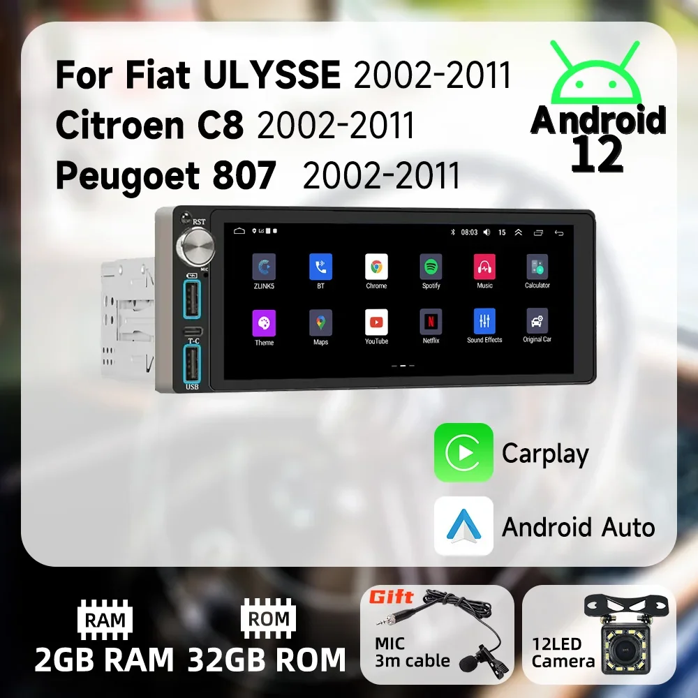 

Carplay 1 Din Radio Android Car Multimedia for Fiat ULYSSE Citroen C8 Peugeot 807 2002-2011 6.86" Screen Head Unit Autoradio GPS