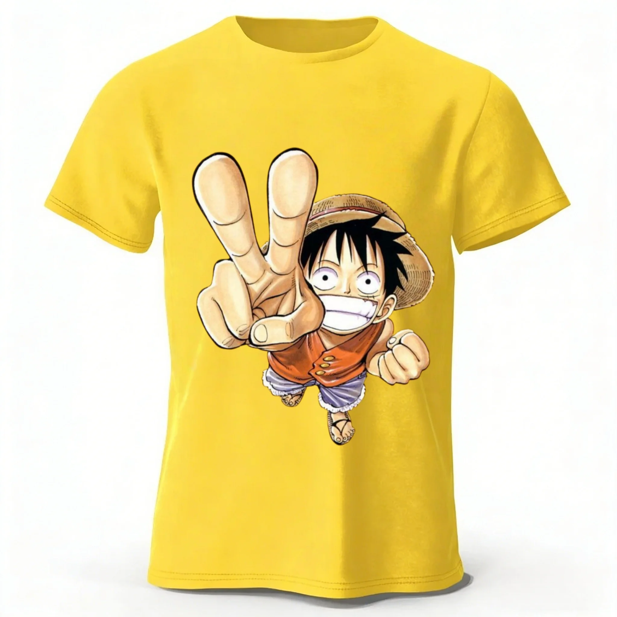 One Piece Luffy Sommer Neu Reine Baumwolle Kurzarm-T-Shirt für Herren und Damen, Modische Streetwear, Übergrößen, Lockerer Sport-T-Shirt