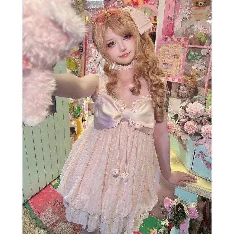 Harajuku Y2K Lolita Minikleid Damen Süßes Trägerkleid Gothic Retro Lässige Streetwear Mode Outfits