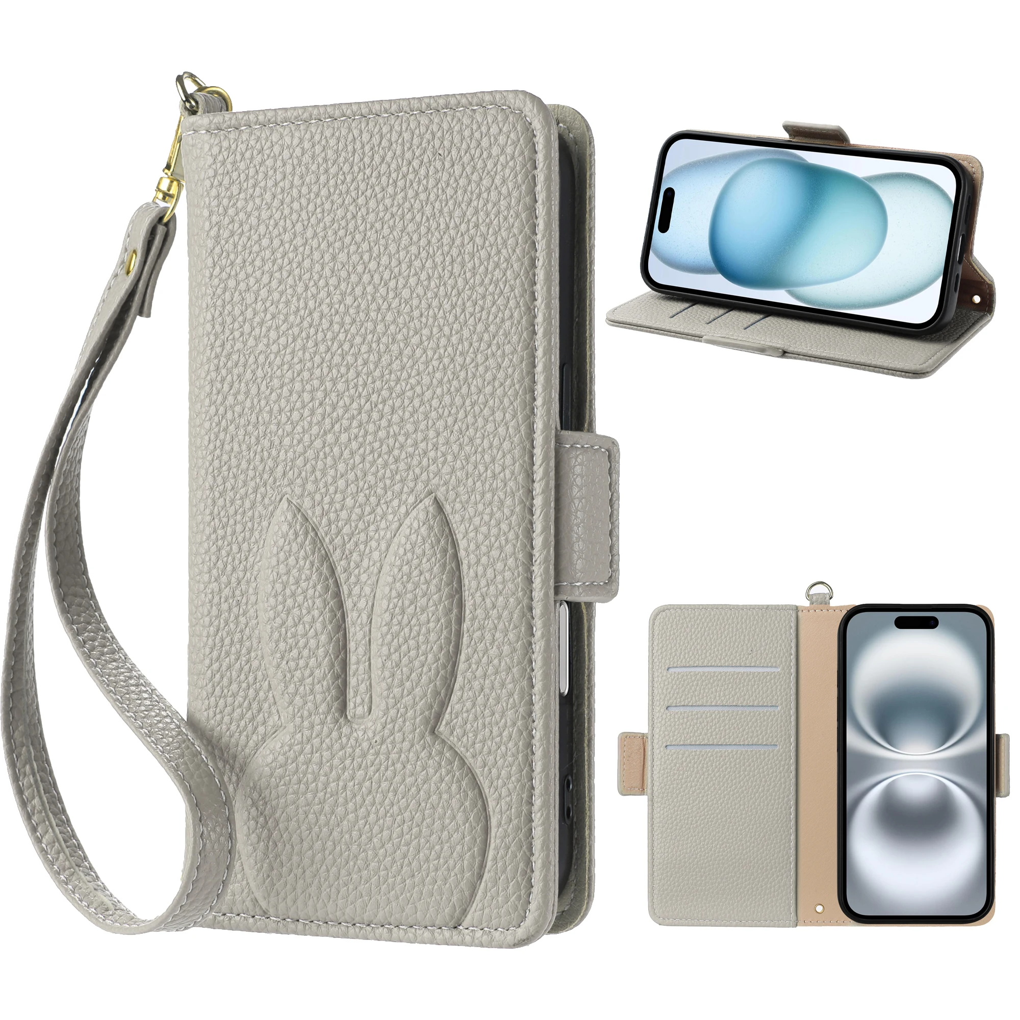 Niedliche 3D-Kaninchen-Blumen-Leder-Handy-Mappenhülle für iPhone 16 15 14 Plus 13 12 11 Pro Max XS X SE 16e Kartensteckplatz Flip-Cover – Detail 10