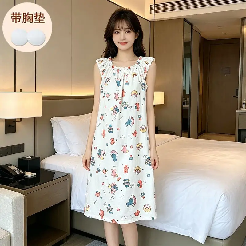 

2026 Summer Sexy Lingerie Sleeveless Vest Print Nightgowns for Women Korean Cute Sleepwear Night Dress Nightdress Home Nighty