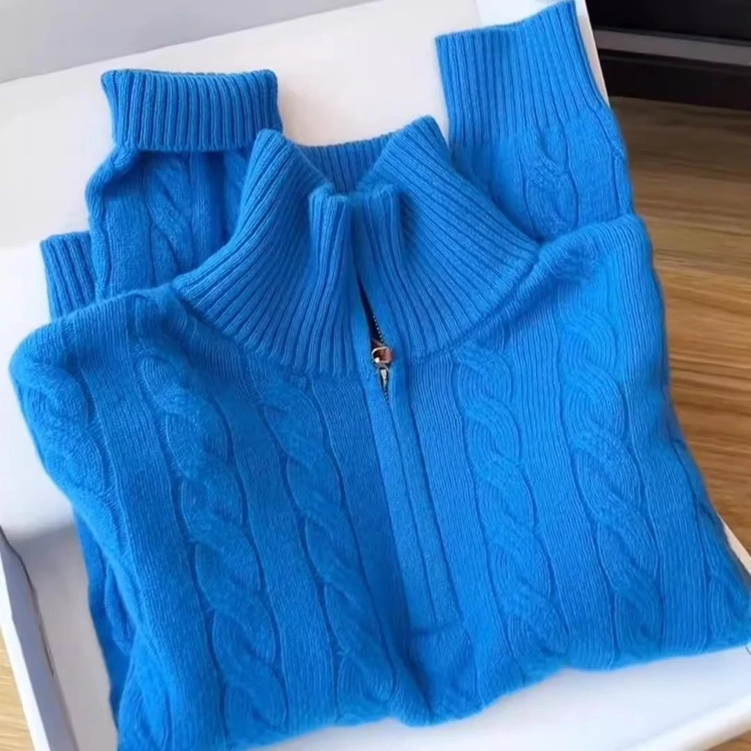 

Ele Blue High Collar Loose Fit Long Sve Women's Knitwear Autumn Winter Faion Casual Sle Zipped Sweater