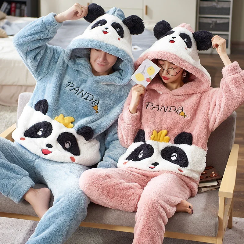 Thick Coral Velvet Pajamas Suit for Men and Women, Long Sleeve, Cartoon Sleepwear, Warm Flannel, Couple, Autumn, Winter