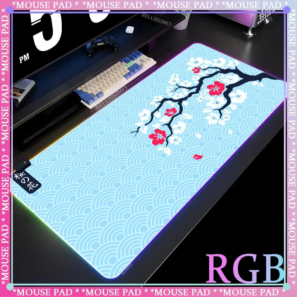 RGB Sakura Large XXL MousePad Blue Laptop Pad LED Cute Game Backlight Keyboard Pad Gamer Girl Desk Mat Rubber Non-slip Mouse Pad