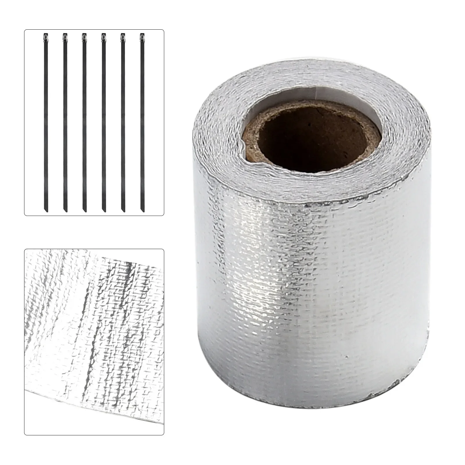 

5Mx5CM Exhaust Pipe Insulation Tape With 6pcs Zip Ties Sliver Tape Exhaust Manifolds Titanium- Heat Wrap Tape Accessories