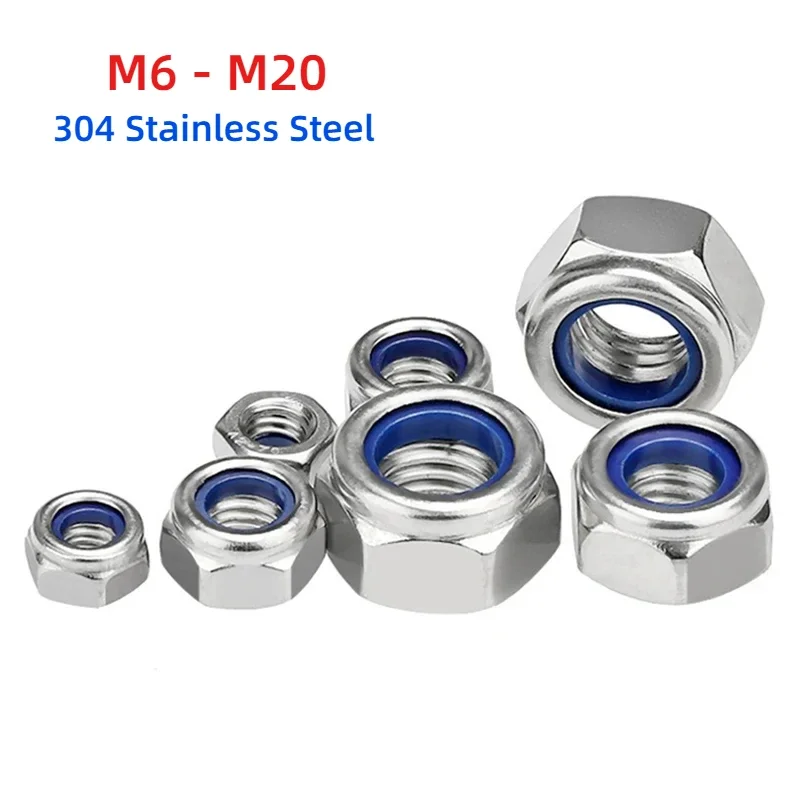 304 Stainless Steel Nylon Self-lock Hex Fine Thread Anti Loosening Hexagonal Nut M6 - M20 Pitch 0.75/1/1.25/1.5mm