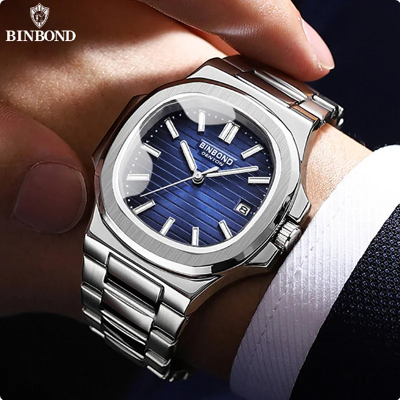 BINBOND 1885 Stainless Steel Wristwatch Case Fashion Calendar Quartz Waterproof Luminous Man Watches Reloj Hombre