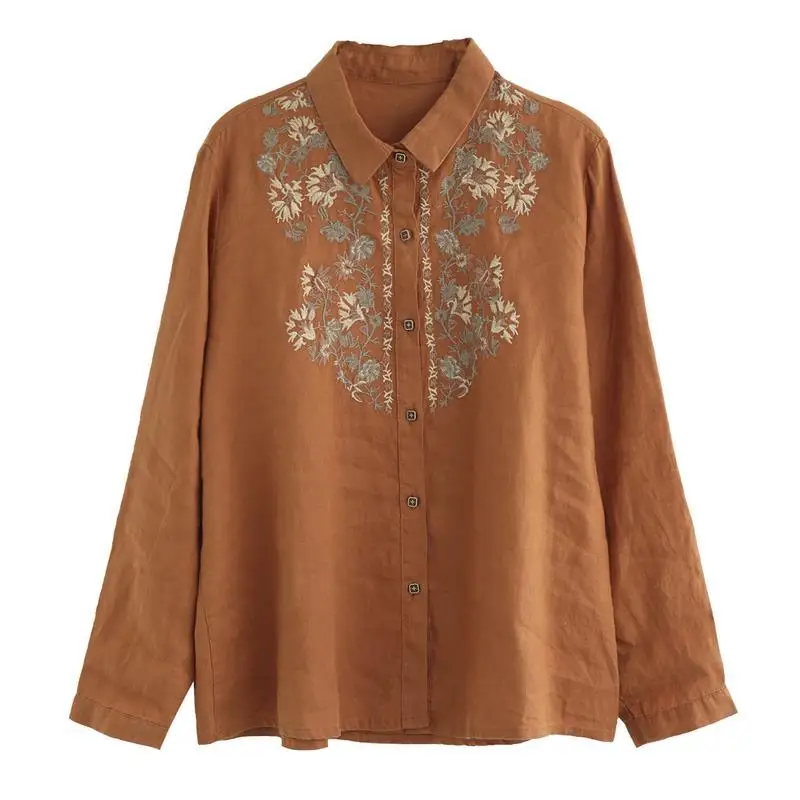 Vintage Embroidery Comfortable Loose Cotton Linen Button Up Shirt Women Casual Street Long Sleeve Blouse Top Female Clothing2023