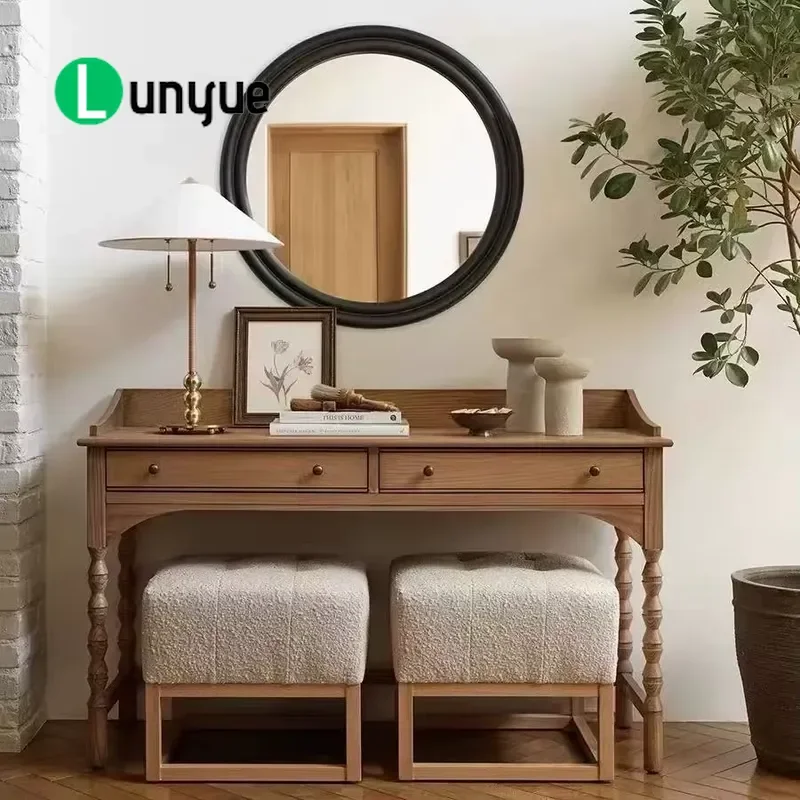 Modern Solid Wood Vanity with Collapsible Lighted Mirror for Bedroom and Hotel Bathroom Stylish Makeup Table Space Saving