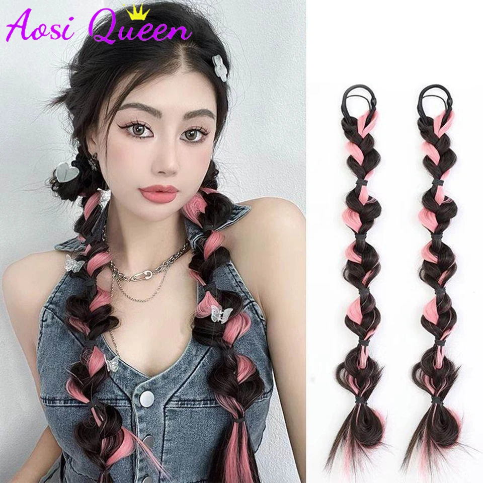 AOSI parrucca sintetica a treccia a bolle da donna dolce fresco naturale nero evidenziato Twist Long Braid Lantern Boxing High Ponytail