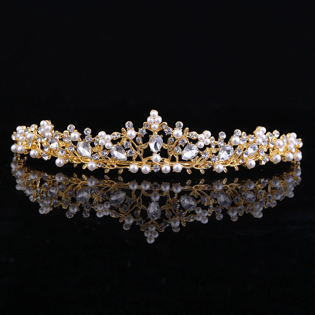 

Crystal Wedding Bridal Crown Golden Base White Crystal Pearl Tiara Hairband Pageant Bridal Hair Accessories Pageant Crown