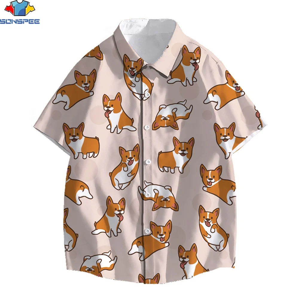 SONSPEE 3D Print Beach Hawaiian Shirts Unisex Men's Corgi Pet Summer Vacation Travel Leisure Street Simple Trend Cute Shirts Top