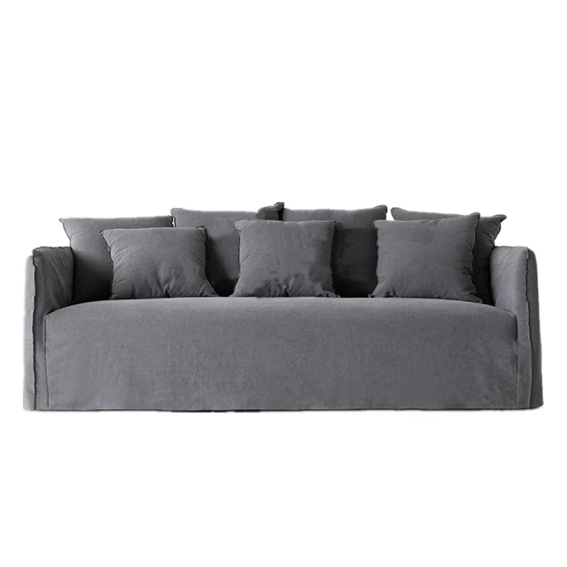 

Small apartment living room three-person fully dismantled and washed linen sofa, wabi sandy wind gray retro locked edge sofa