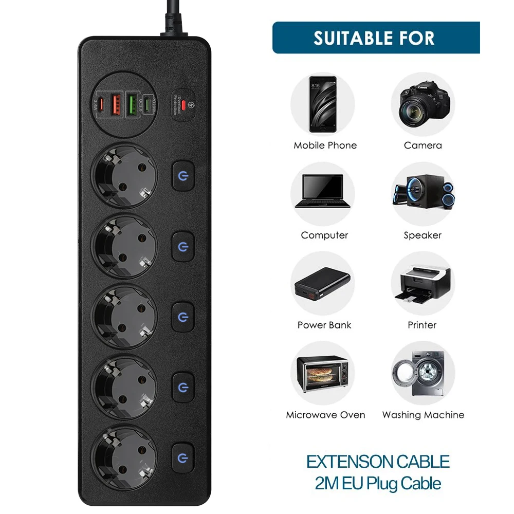 Regleta de alimentación con enchufe europeo, de 2M cable de extensión, filtro de red con 4USB PD, 20W, Protector contra sobretensiones de carga