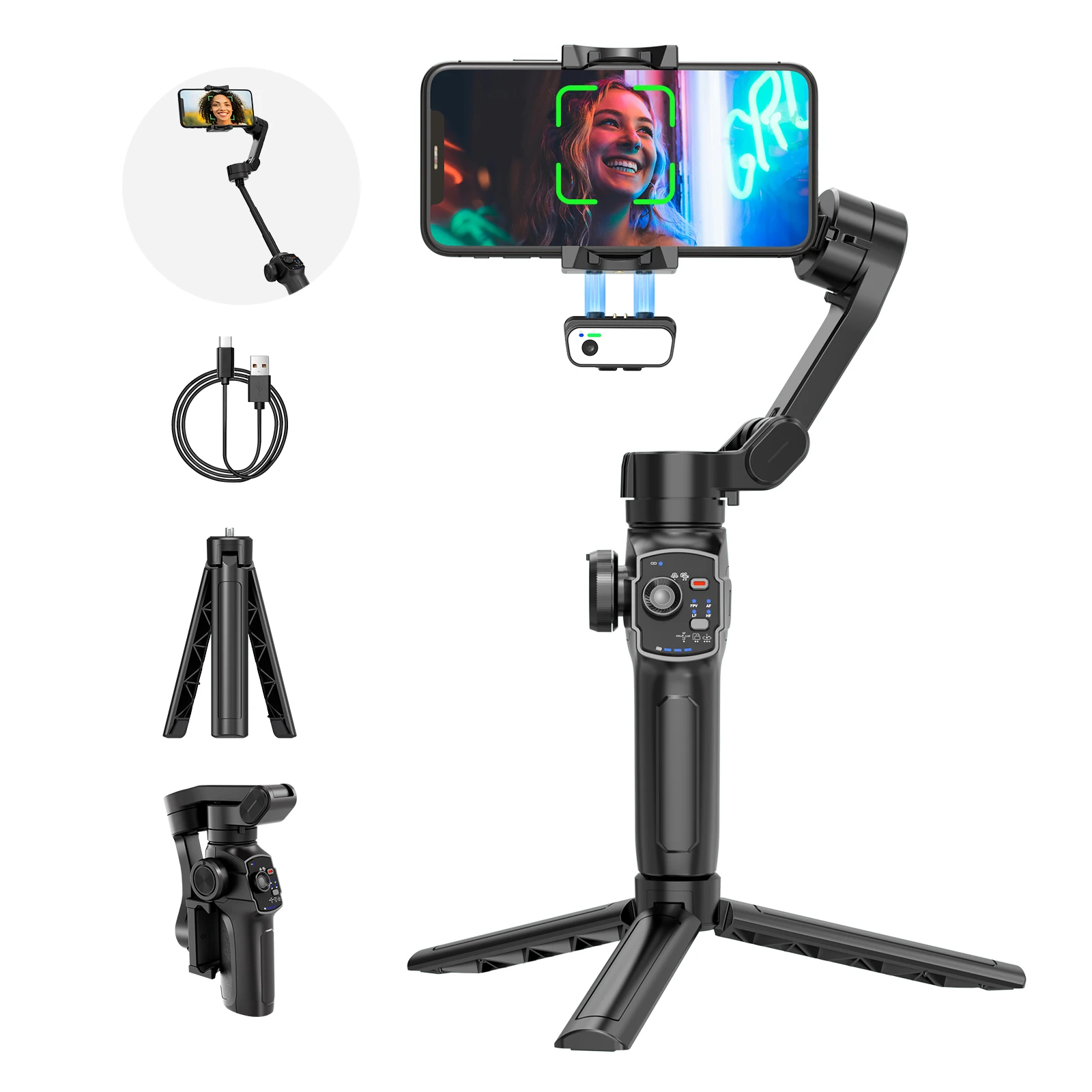 Selfie Stick Tripod Phone Holder Gimbal Stabilizer with AI Face Tracking and Zoom Control Foldable Design Compatible with iOS