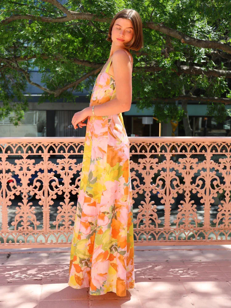 2025 zomermode nieuwe dames elegante bohemien stijl jurk vakantiestijl riem gedrukt temperament a-lijn grote schommelrok