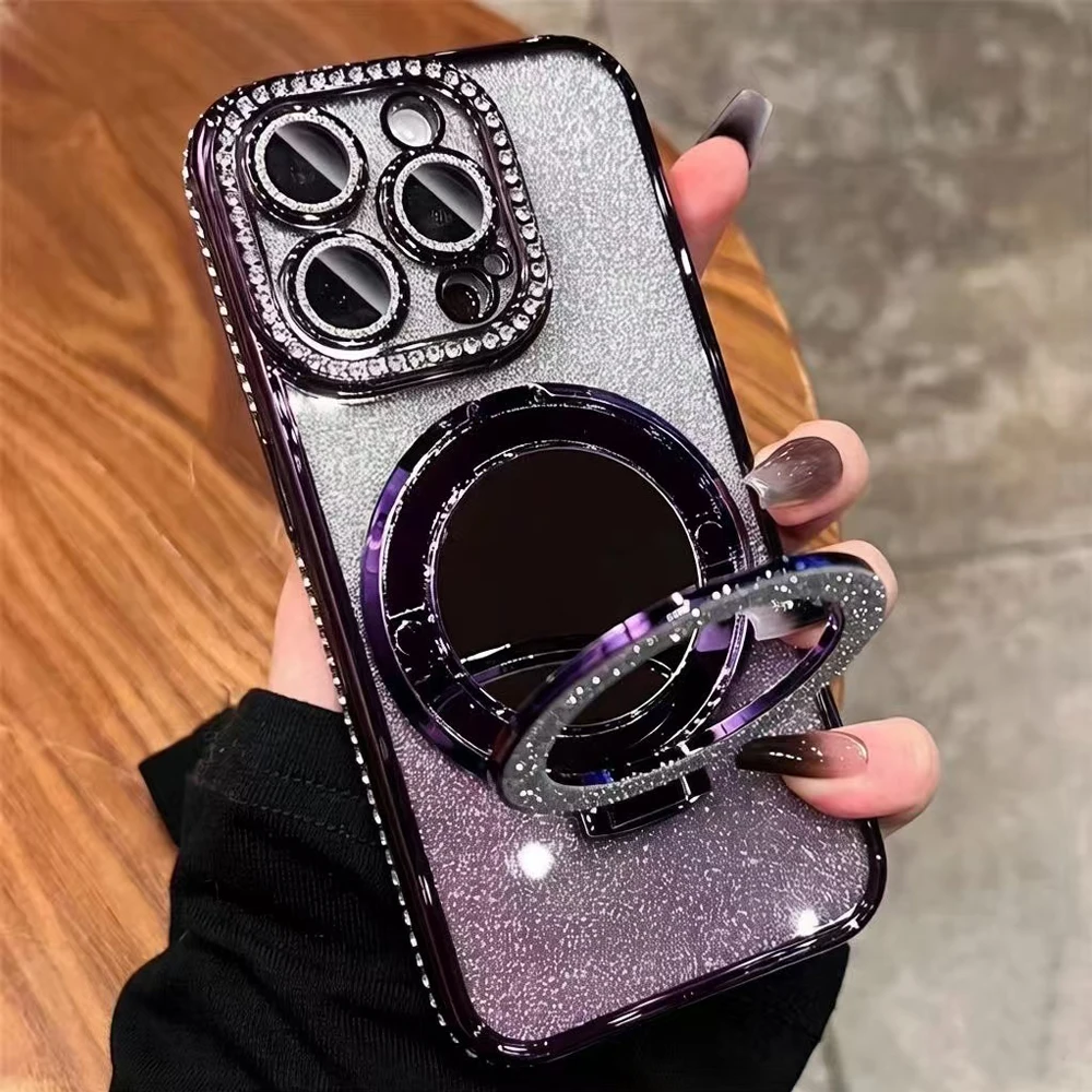 

Plating Four Corner Shockproof Gradient Glitter TPU Makeup Mirror Holder Phone Case For iPhone 17 Pro Max/17/17 Pro Bumper Cover