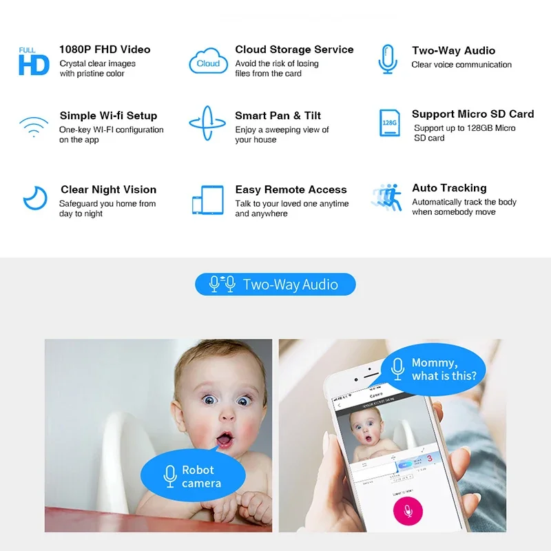 كاميرا روبوت للأمان الداخلي ، مراقبة الأطفال ، التتبع التلقائي ، الرؤية الليلية ، CCTV ، WiFi ، المراقبة ، P