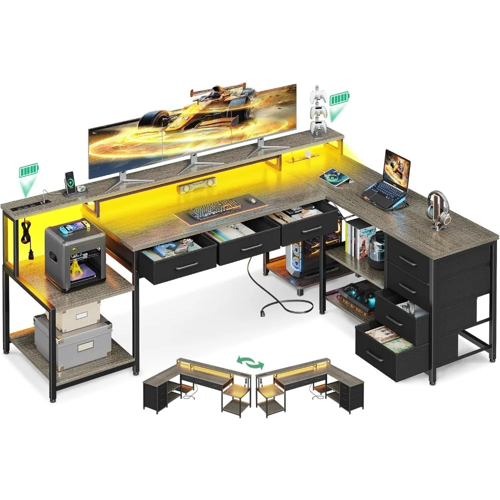 

79" L Shaped Desk, L Shaped Computer Desk with 2 Power Outlets & Monitor Shelf, Home Office Desk with Storage Shelves, Reversib