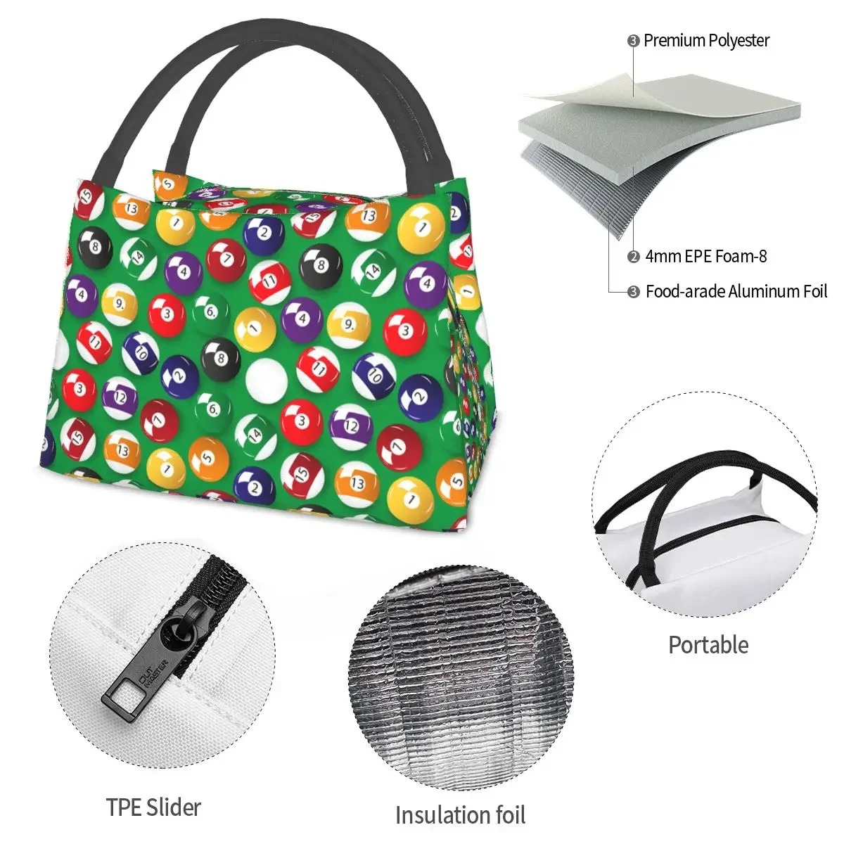 Pool Cue Sports Player Merch Lunch Bag Portable Insulated Oxford Cooler Billiards Balls Lover Thermal Picnic Lunch Box for Women view 5