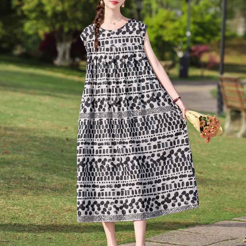 New Hot Fashion Arrival Casual 2026 Summer Dress For Women Print Loose O-Neck Cotton Women Clothing Dresses Plus Size