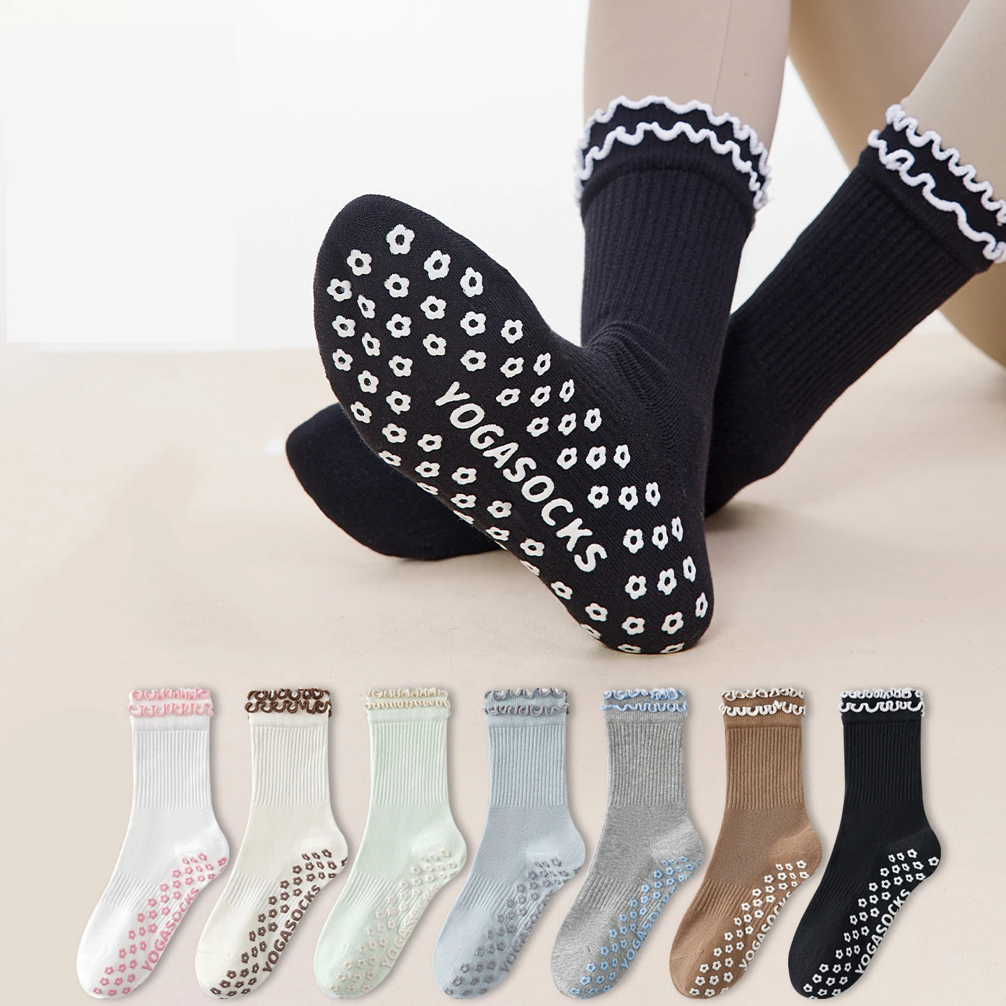 

Yoga Socks Women Cotton Frill Silicone Non-slip Grip Crew Pilates Socks