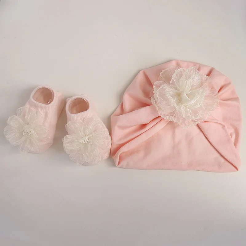 2Pcs Baby Girls Flower Cap Socks Set Cute Floral Newborn Short Tube Sock+ Turban Hat Summer Thin Infant Indian Caps