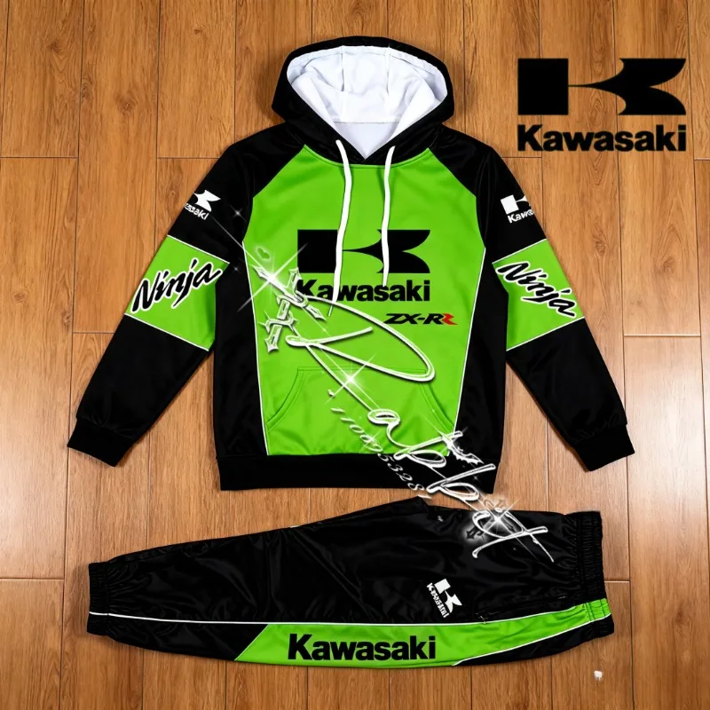 

2026 New Retro Kawasaki Motorcycle Cycling Set Men's MOTO Racing Enthusiast Warm Hoodie Sports Motorcycle Pants Two Piece Set