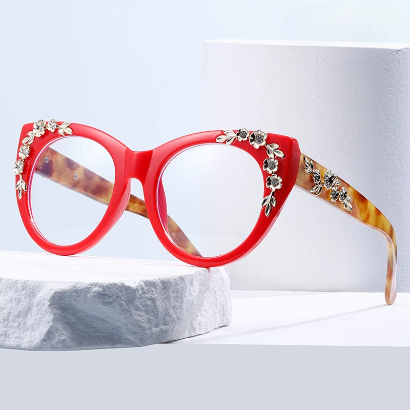 Women's Diamond Studded Large Frame Anti Blue Light Glasses Broken Flower Cat Eye Flat Glasses Integrated Frame Finished Glasses