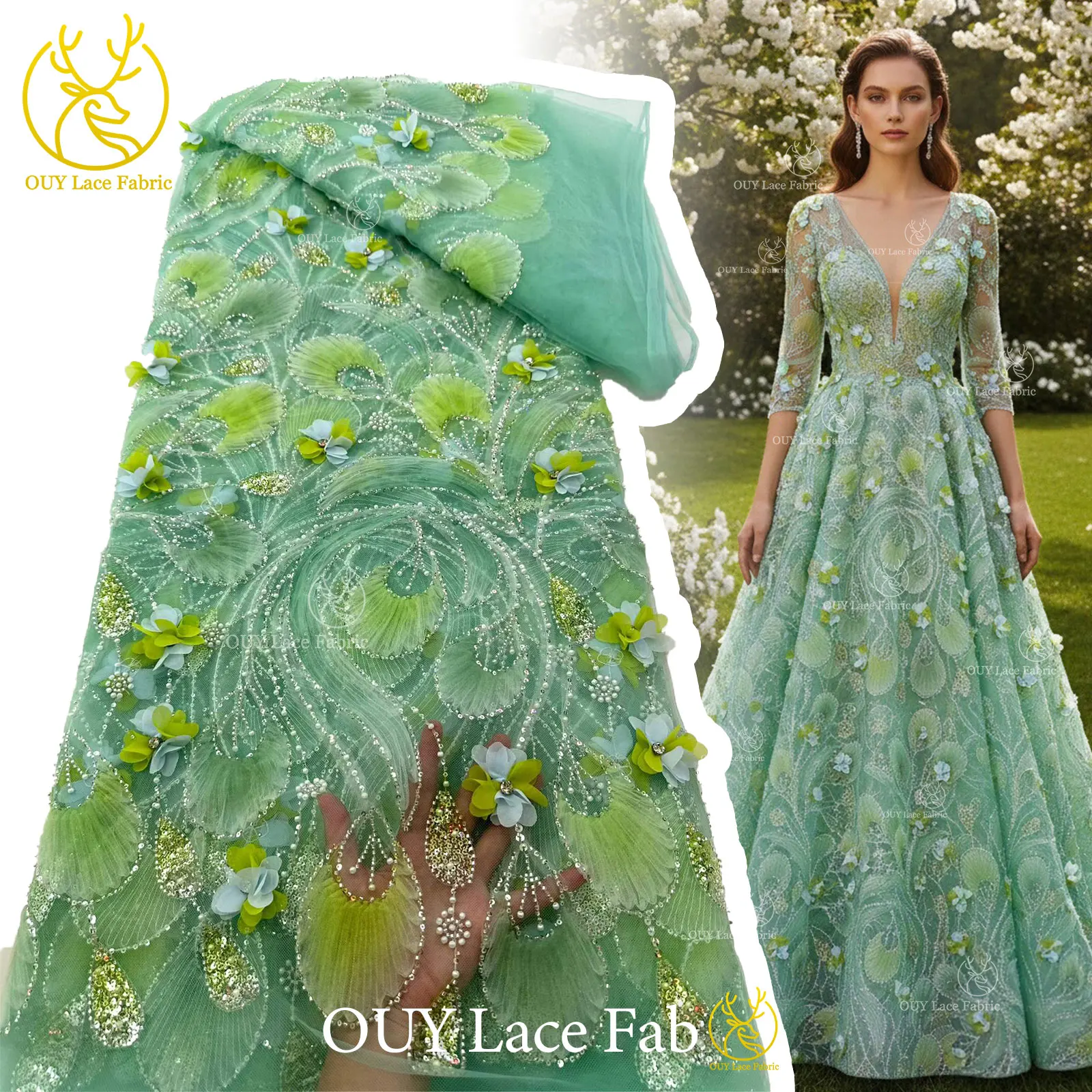 

Elegant 3D Floral African Beaded Lace Fabric 2026 French Nigerian Sequins Mesh Tulle Lace Fabric For Party Wedding Dress 5 Yards