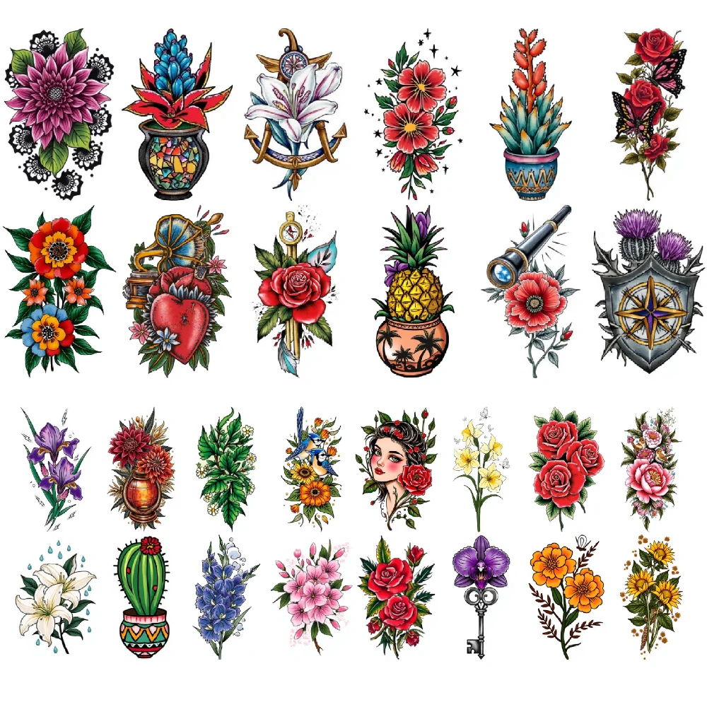 

28pcs Temporary Tattoo New School Traditional Potted Cactus Phonograph And Heart Floral Patterns For Women Shoulders Men
