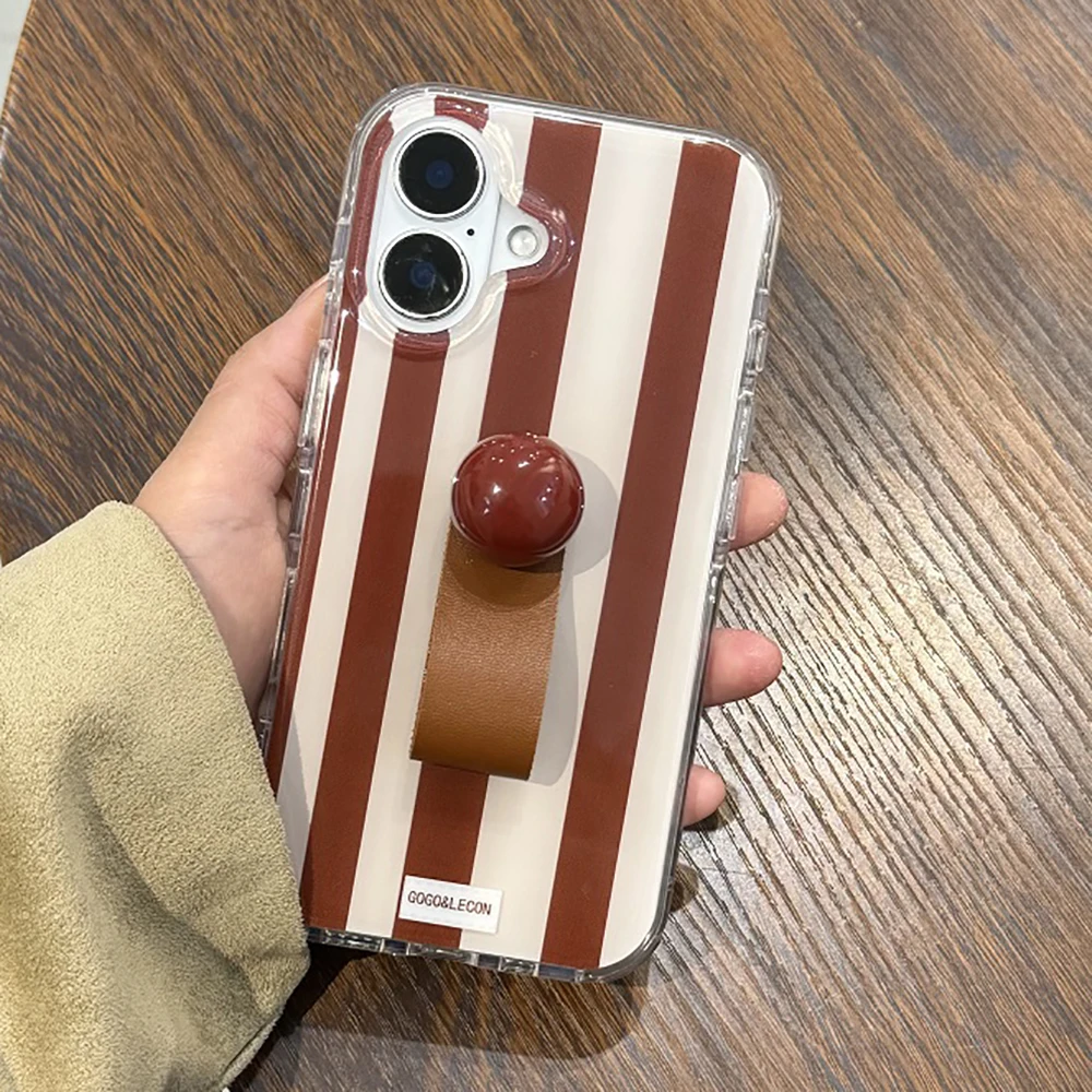 

3D Ball Ring Buckle Bracket Leather Texture Simple Stripes Case Compatible for IPhone 14 15 16 17 Pro Max 17Air Shockproof Cover