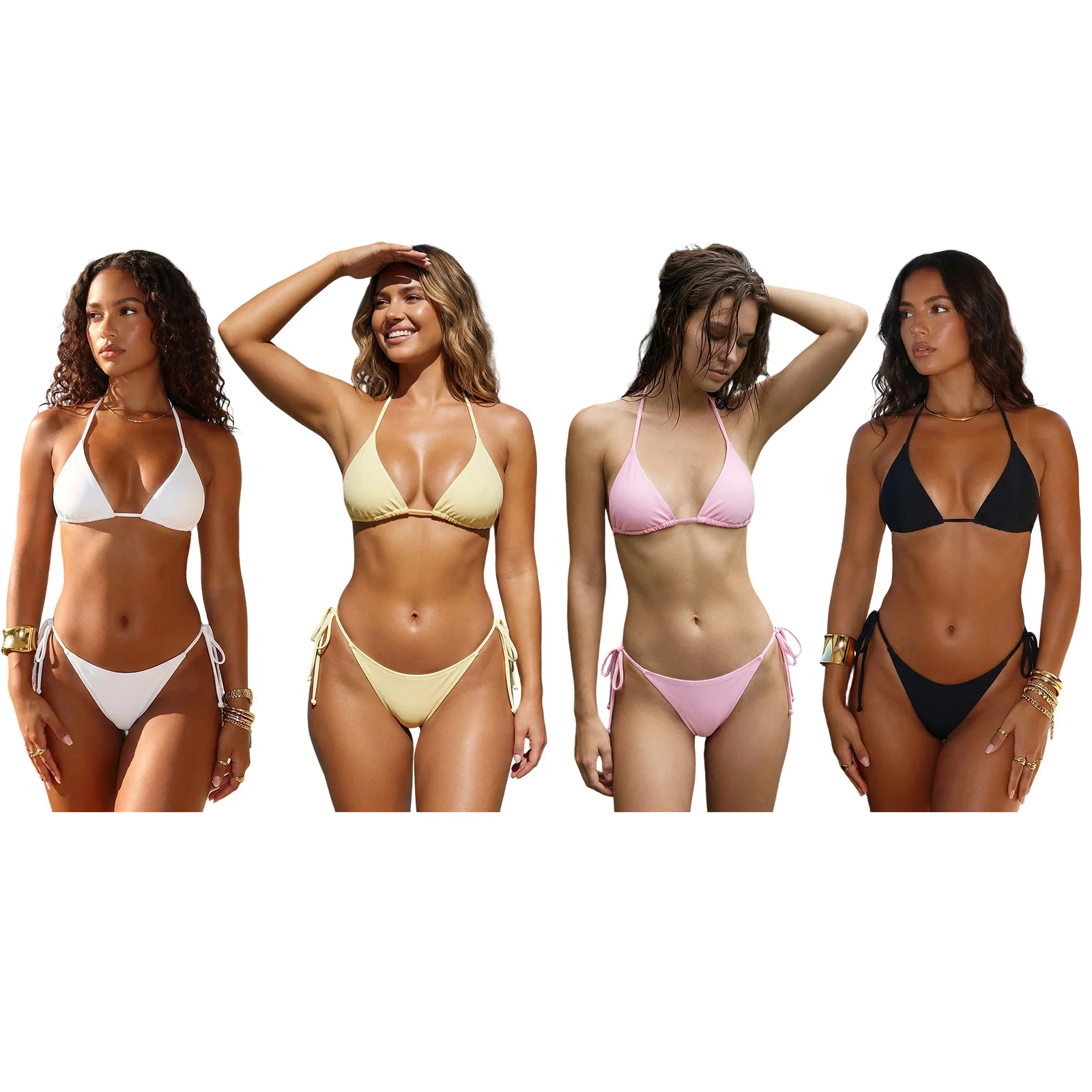 

2026 Sexy Women's Summer Bikini Set Fashionable Ladies Solid Color Halter Neck Bra with Side Tie Thong 2Pcs Bathing Suit