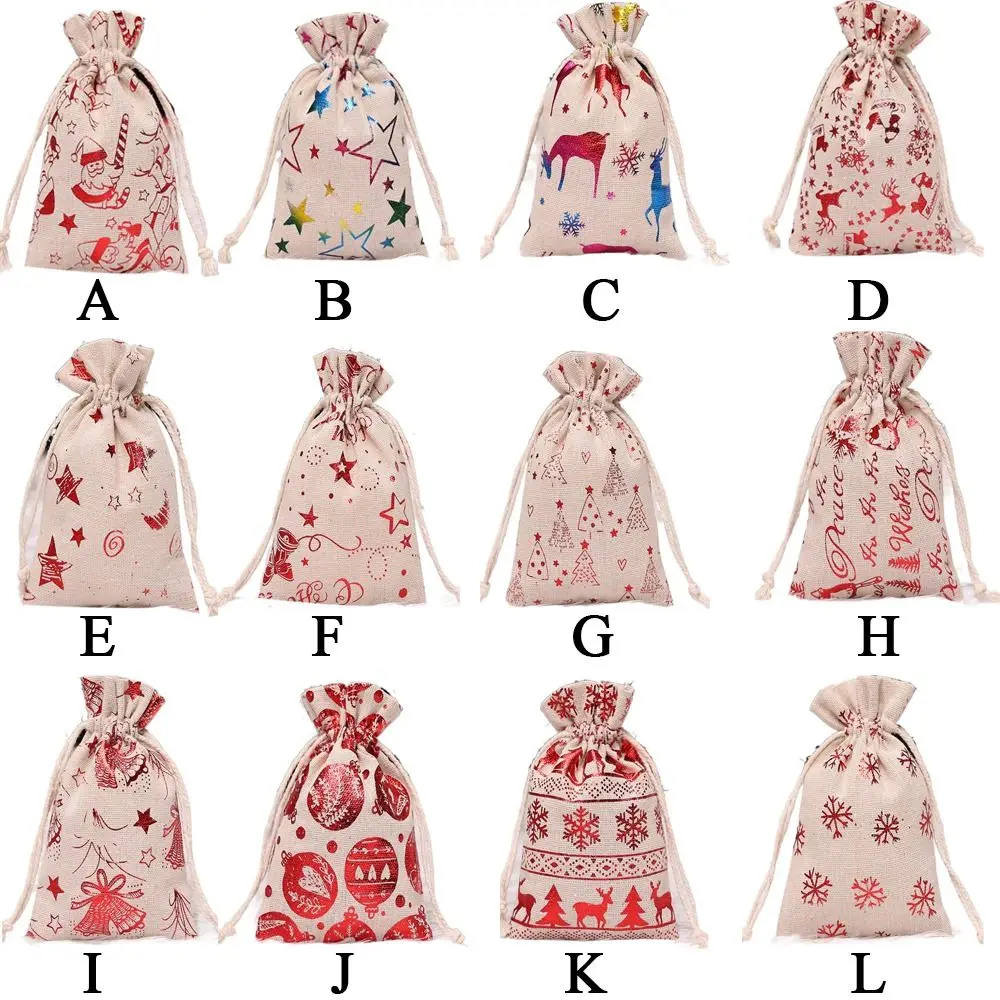 10 pçs linho natal doces algodão saco papai noel ouro quente natal bronzeamento saco de presente elk cordão saco de presente de natal