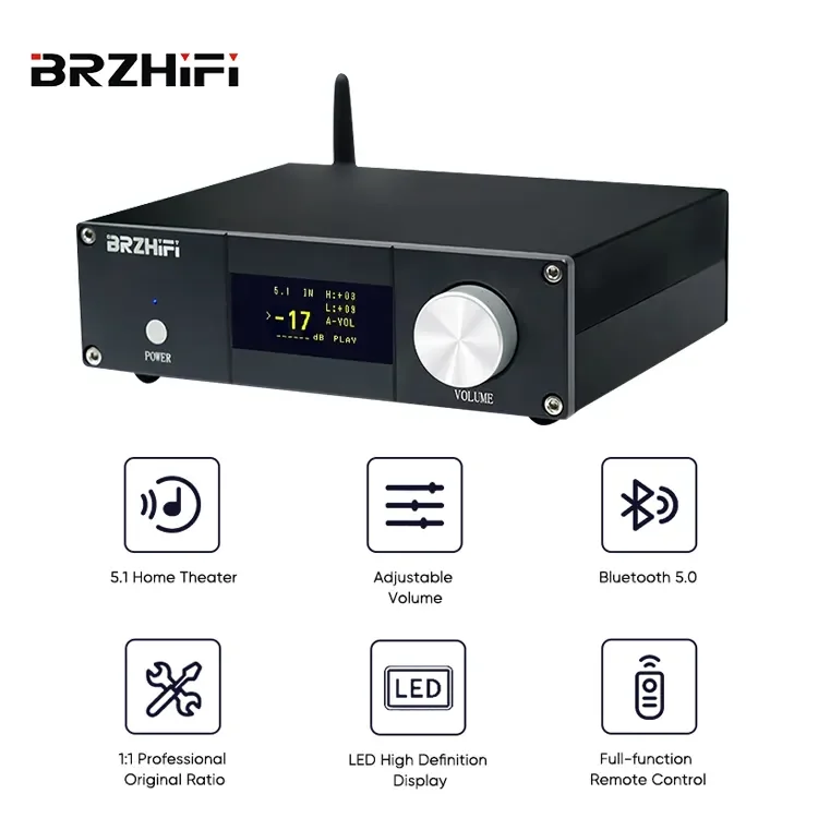 BRZHIFI-Remote Control Aluminum Subwoofer, BT RC, 5.1 Channel, Home Hifi Digital Amplifier