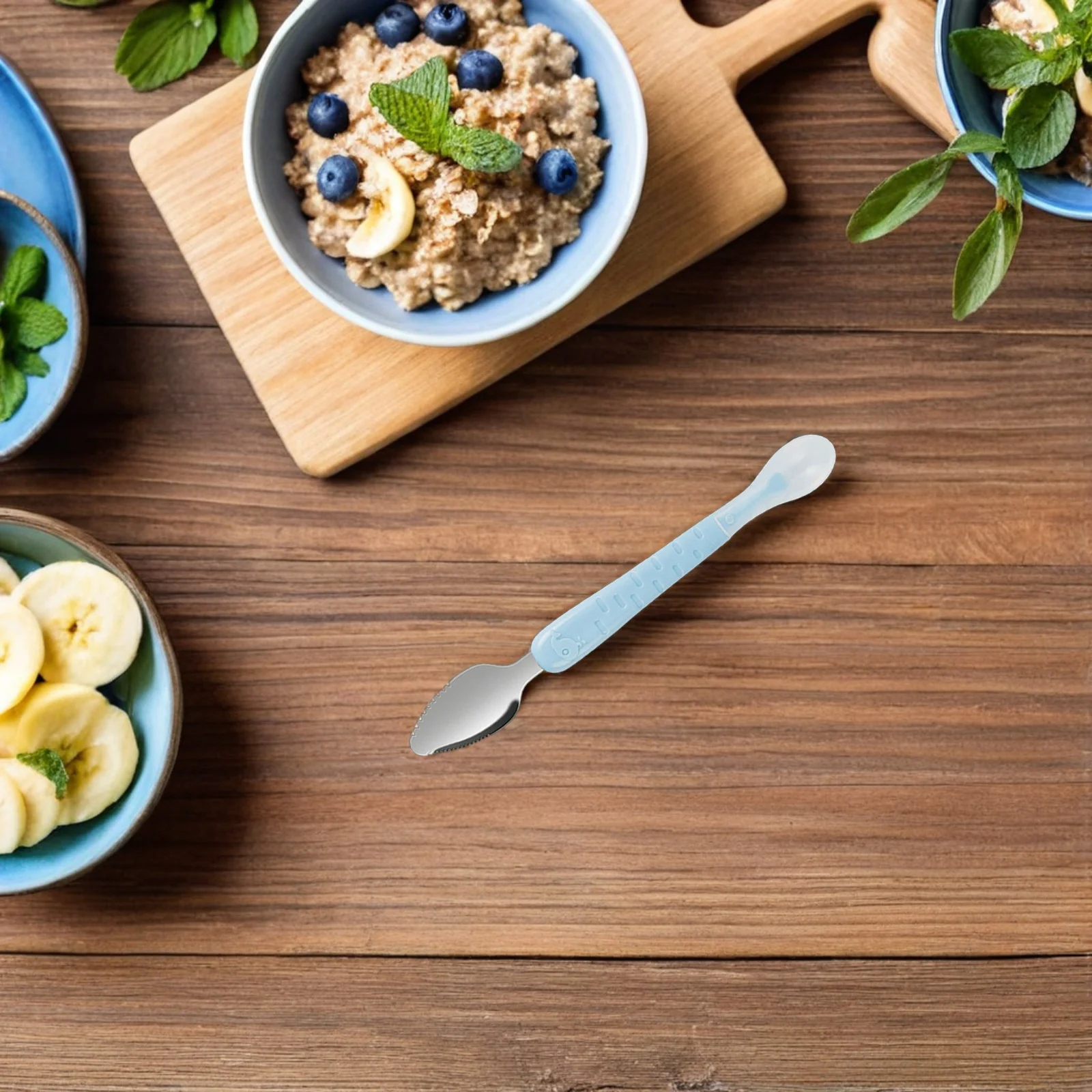 Cucchiaio per purea di frutta per bambini a doppia testa, raschietto seghettato, cucchiaio per alimentazione per purea di verdure, forniture per l'alimentazione del bambino